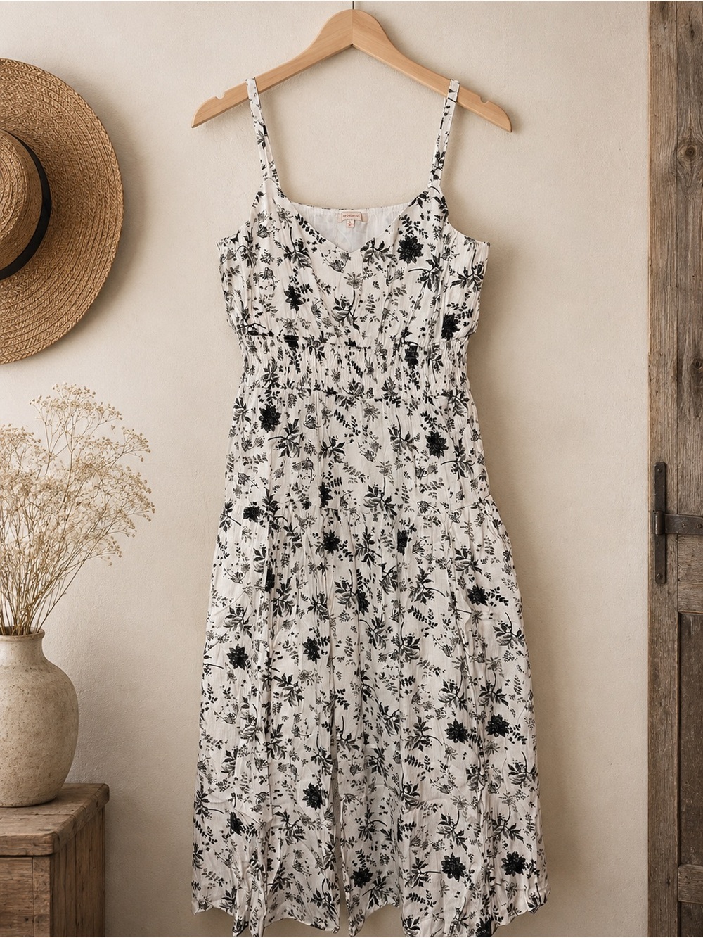Skies Are Blue White Maxi Dress with Black Floral Print